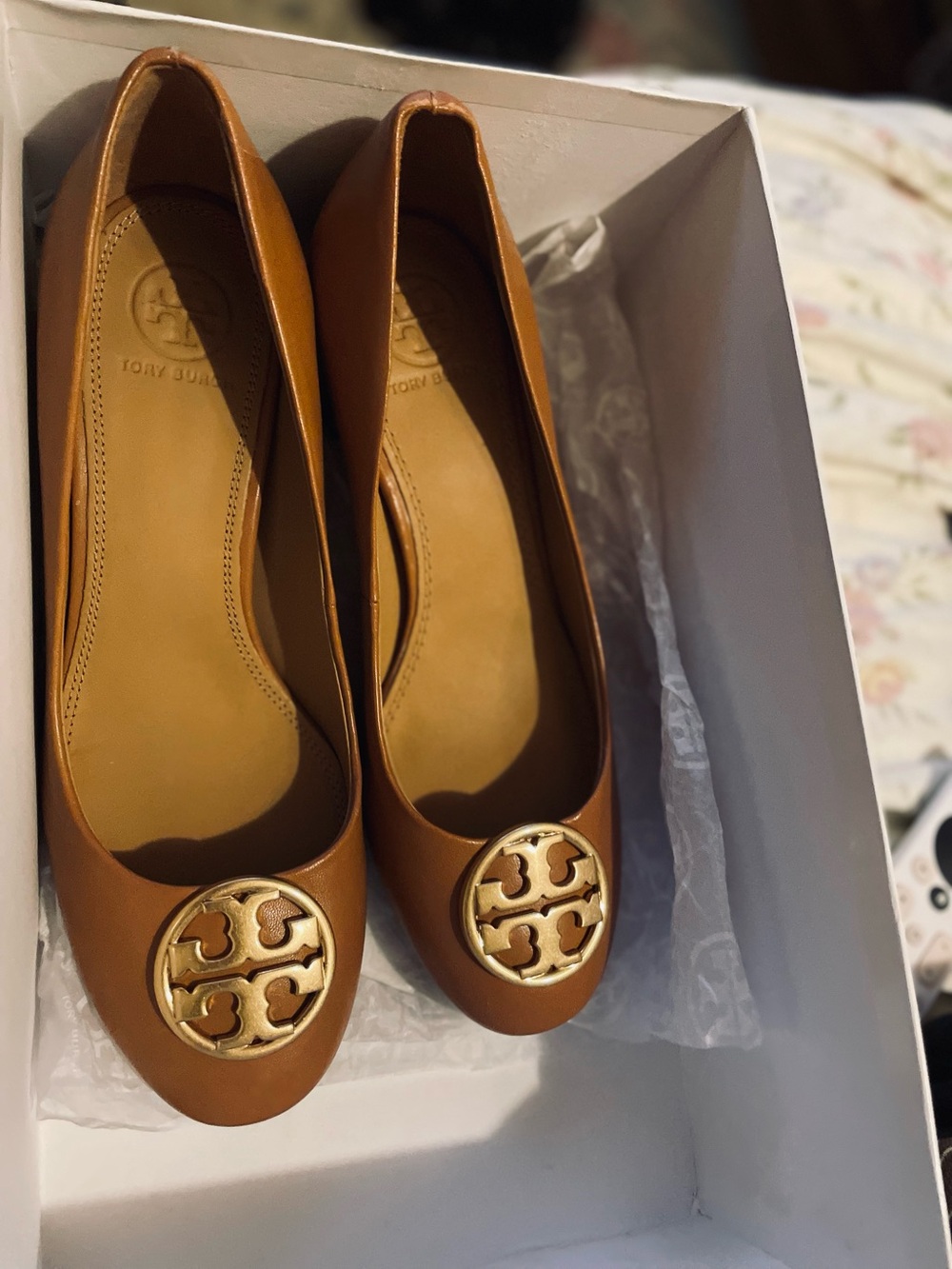 Tory Burch Cognac Leather Logo Round-Toe Ballet Flats